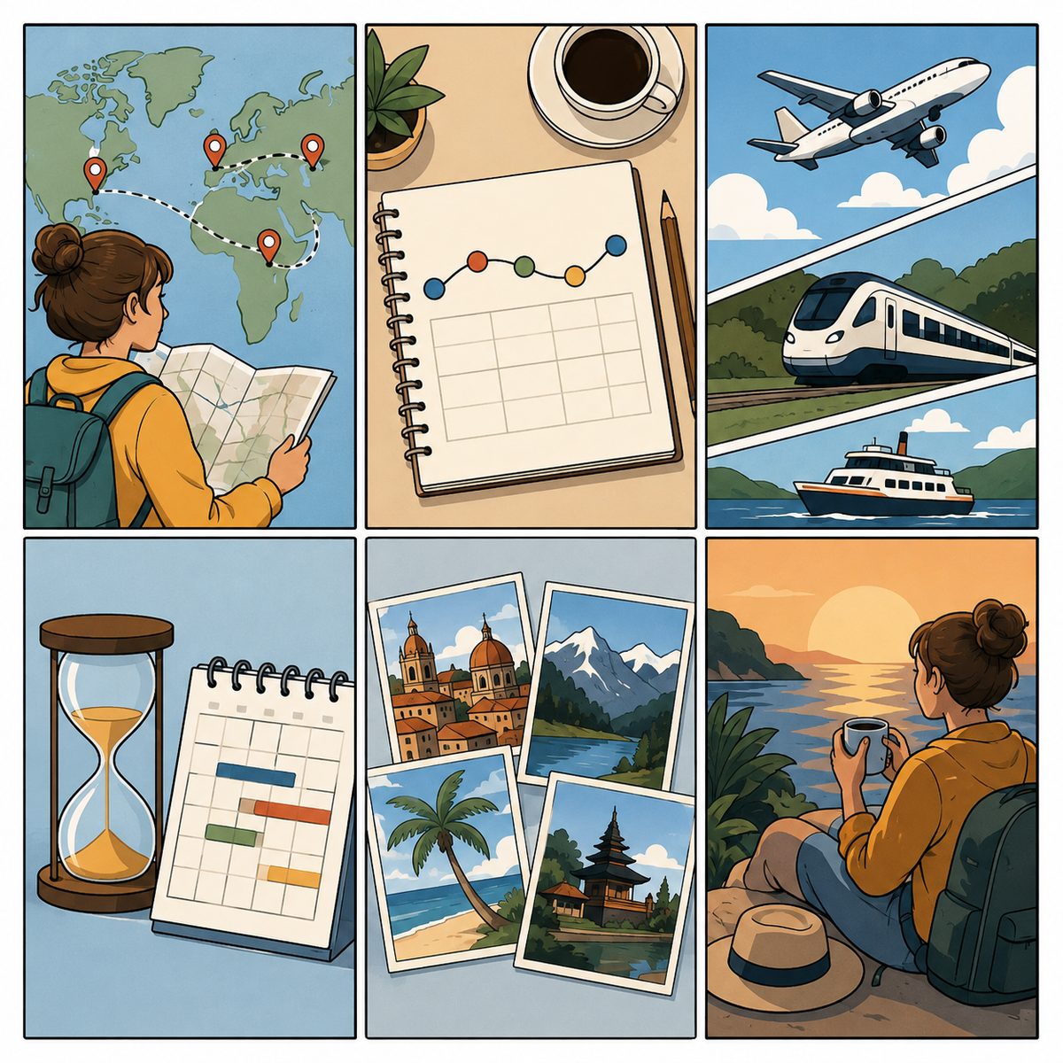 Carte, carnet de route, avion, train, ferry, sablier et photos de voyage : les étapes de la construction d'un itinéraire multi-destinations